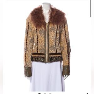 Alberto Makali Gold and Brown Patterned evening jacket with Mongolian fur collar